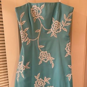 Morgan and Co. Aqua Gown with Floral Stitched and Beaded Detail